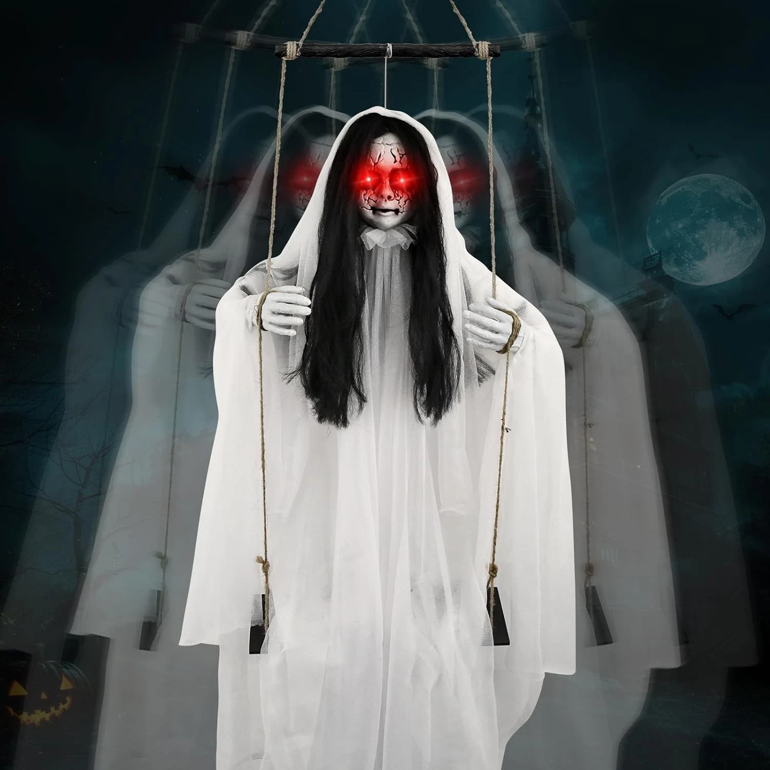 Scary Halloween Decorations Outdoor, Hanging Swinging Girl with Sound & Slap Act