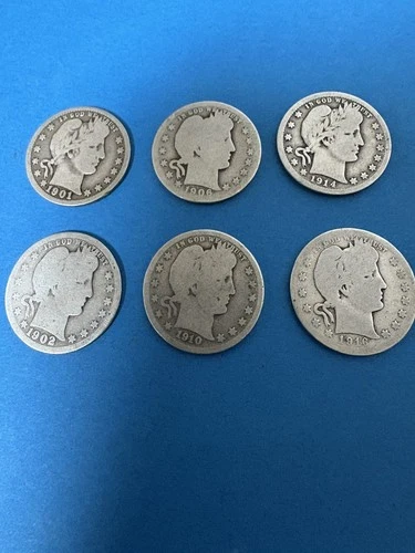 Barber QUARTER  DOLLAR Dates Lot of 6 Coins  90% Silver