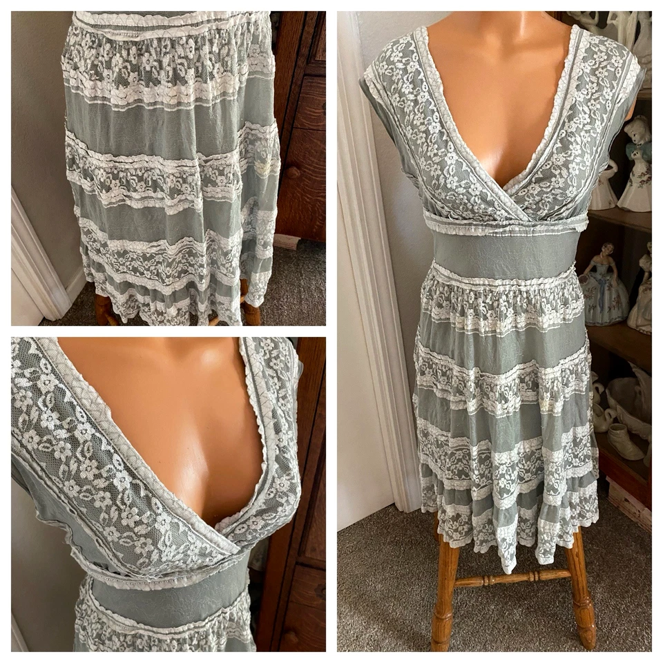 VESTIDO STUDIO M GRIS NYLON ENCAJE ELÁSTICO CON VOLANTES EN CAPAS FORRADO TALLA M Foto 2 de 4