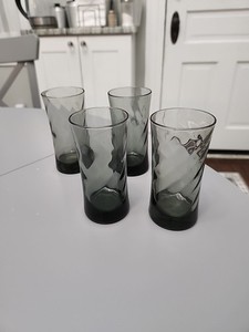 Set of 4 Vintage Libbey Smoke Gray Optic Swirl Juice Glasses 4 1/8" Tall