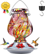 Hummingbird Feeder Hand Blown Glass Outdoor Hanging Ant Moat 5 Ports 22oz Purple