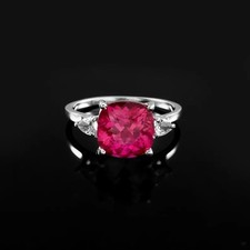 Elegant Pink Cushion Cut Ring 9x9 MM - Solitaire With Side Stones  925 Silver