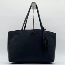 Tory Burch McGraw Leather Tote Bag Black Gold Logo Tassel Large A4 Authentic