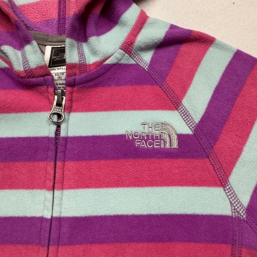 THE NORTH FACE Girls XS (6) Pink Striped Full Zip Fleece Hoodie Jacket Pockets - Picture 4 of 9