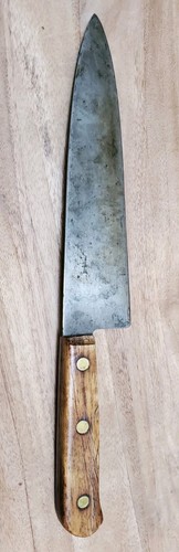 Real Nice Vtg Carbon Steel 8"+ Blade Chef's Knife W/copper Rivets Wood Handle