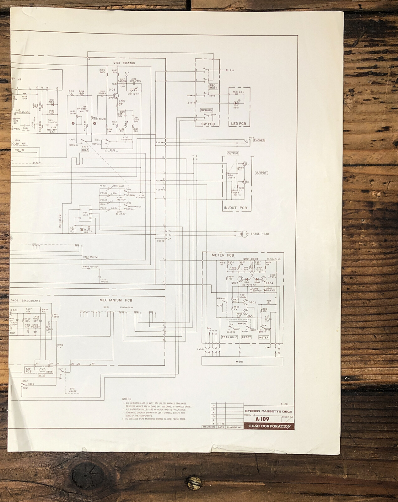 Teac A-109 Cassette  Fold Out Schematic *Original* #2