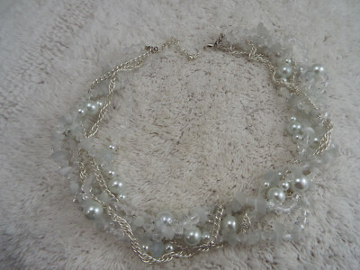 Silvertone White Glass & Acrylic Bead Multi Strand Necklace (D28)