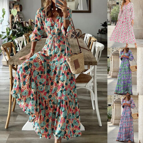 Womens V Neck Long Sleeve Long Dress Ladies Slim Fit Floral Party Gowns Coktail