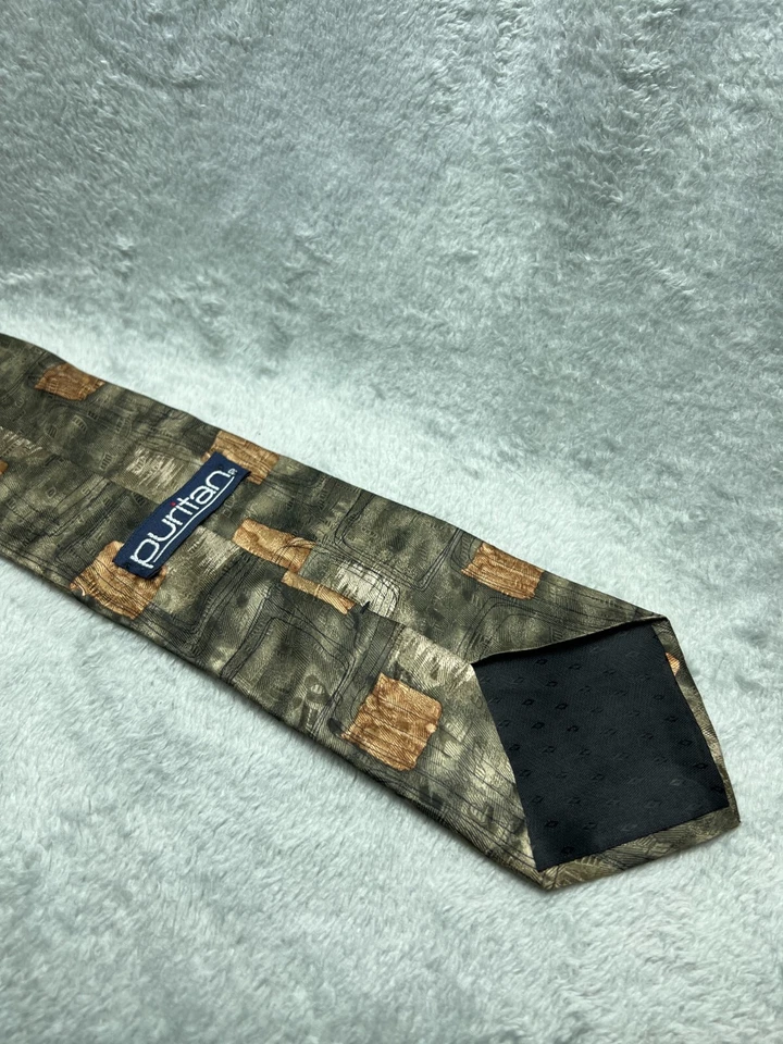 Corbata Puritan Hecha en EE. UU. Verde Marrón Toda Seda Ancho Clásico Largo Corto Foto 4 de 4