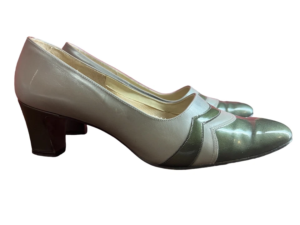 Sz 7 1/2 Vtg 60s Mod Pumps Shoe Green Colorblock Heels Patent Calf Leather 7.5 - Image 2 of 4