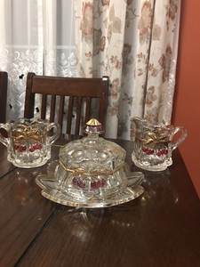 Vintage-Mosser-Glass-Cherries-amp-Gable-24k-Gold-Trimmed-Dishes