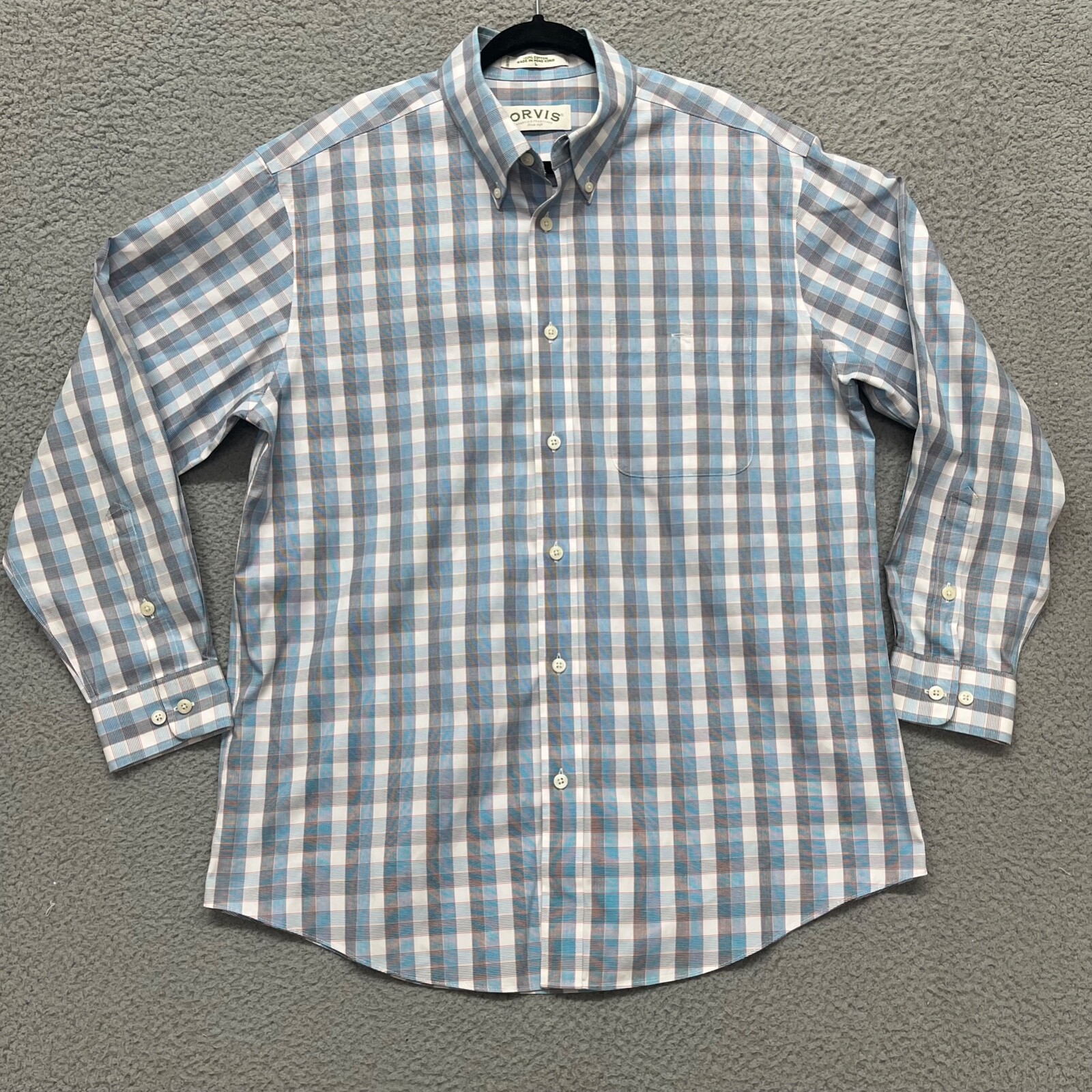 Orvis Shirt Mens L Blue Plaid Button Down Cotton Dress Shirt Classic