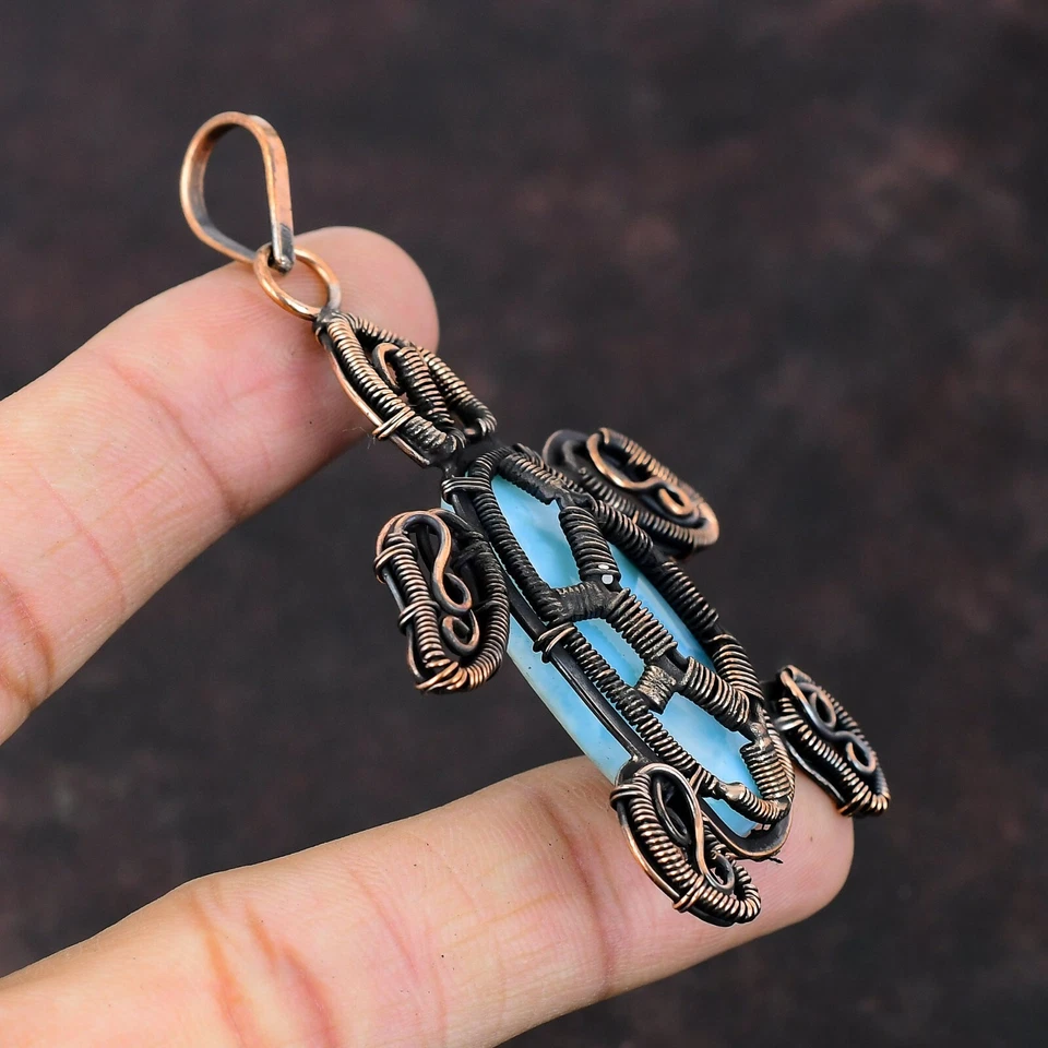 Gift For Her Copper Larimar 宝石珠宝丝包装龟吊坠 2.99 — 第 4/4 张图片