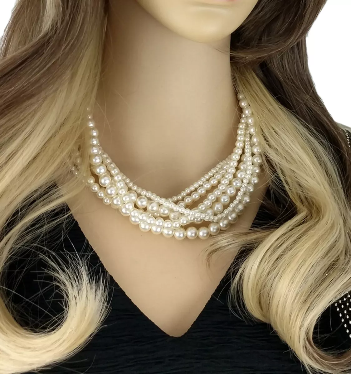 Six Multi Strand Off White Imitation Pearl Collar Necklace For