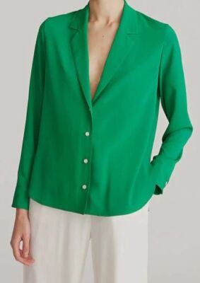 $396 Halston Woman Green Aria Crepe De Chine Silk Blouse Top Size 10