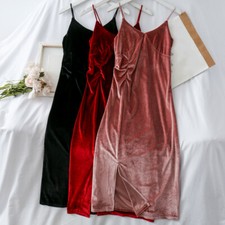 Lady Velvet Midi Dress Slim V Neck Slit Spaghetti Strap Prom Evening Elegant