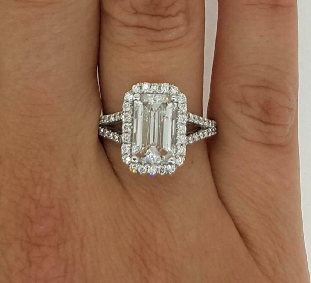 2Ct Halo Split Shank Emerald Lab Created Diamond Engagement Ring