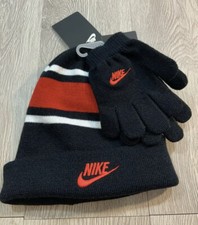Nike Youth Kids 2 Piece Set Black Red White Stripe Winter Hat and Gloves New