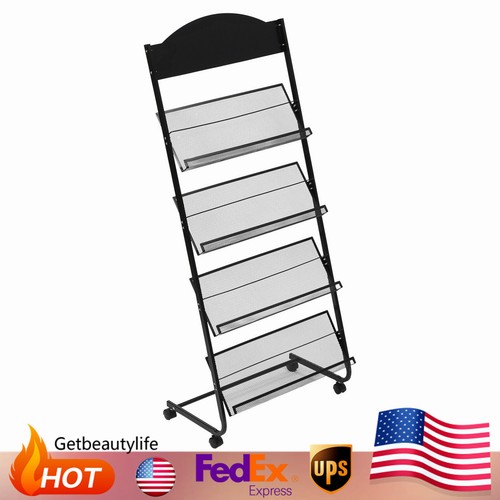 4-Layer Mobile Metal Floor-Standing Magazine Newspaper Rack Black with Wheeled