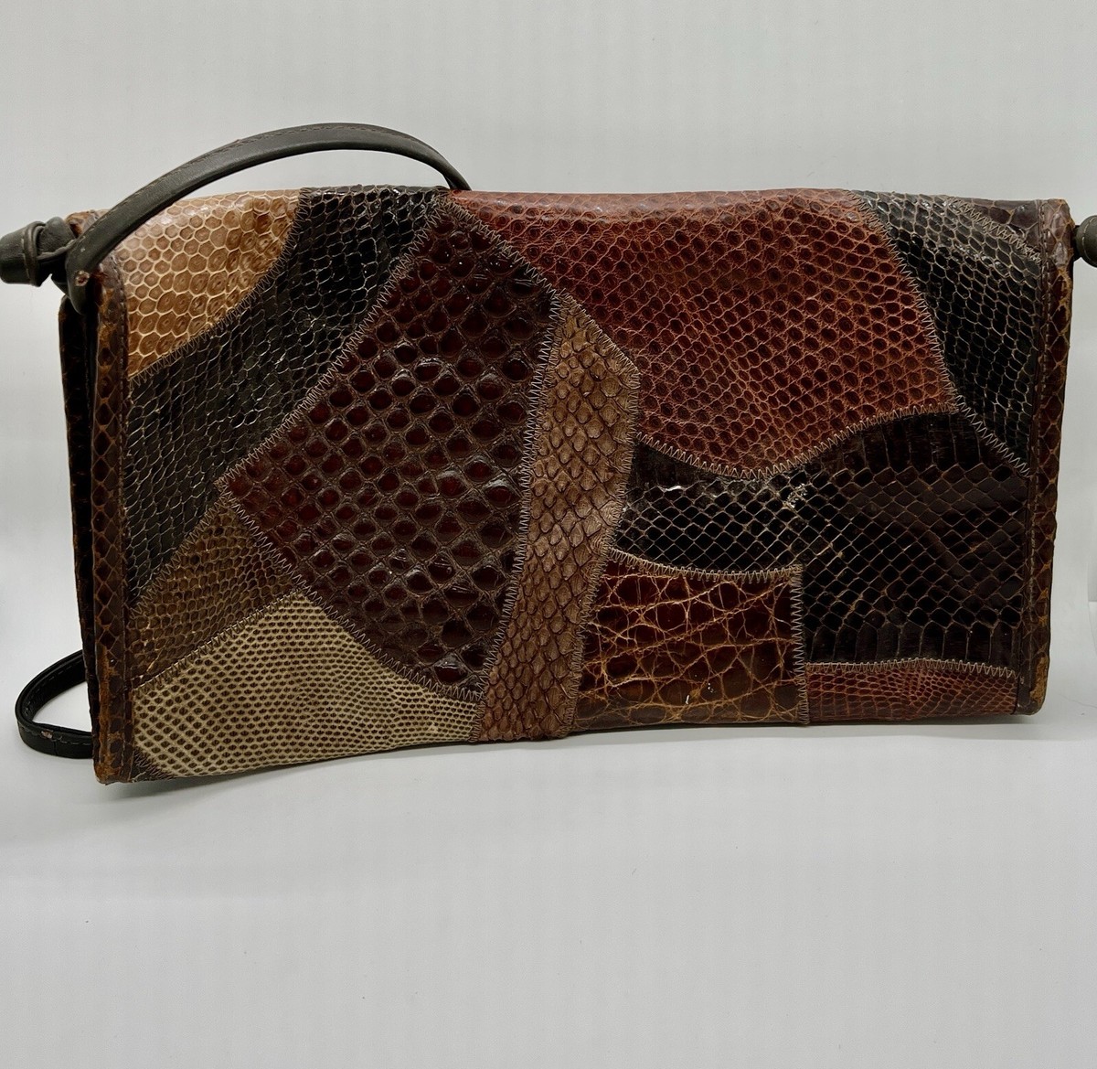 VINTAGE SHIBUI GENUINE LEATHER BROWN PATCH ENVELOP CLUTCH SHOULDER  HANDBAG View 3