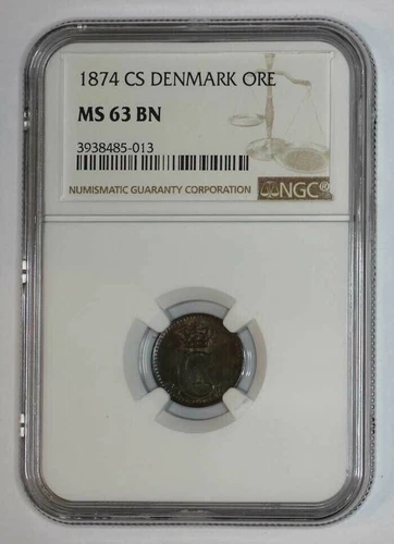 DENMARK coin 1 Ore 1874 NGC MS 63 Choice Uncirculated