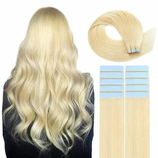 Tape in Human Hair Extensions 613 Light Blonde PU Skin Weft Full Head 20" 100G