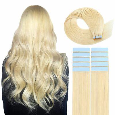 Tape in Human Hair Extensions 613 Light Blonde PU Skin Weft Full Head 20'' 100G