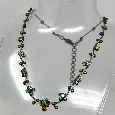Vintage Sorrelli Crystal Flower Necklace 14-16  Blue Yellow Amber Brass Tone