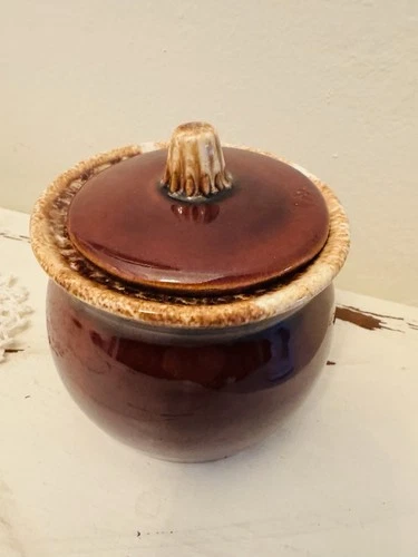 Vintage Hull Pottery 2 Tone Brown Drip Glaze Cookie Jar Bean Pot W Lid USA