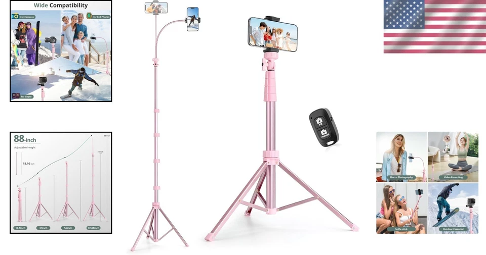 Pink Extendable Selfie Stick & 88-Inch Tripod with Gooseneck + Wireless Remote - Image 2 of 4
