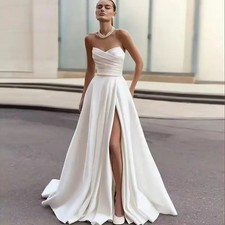 Strapless Satin Simple Wedding Dresses Side High Slit Corset A Line Bridal Gowns