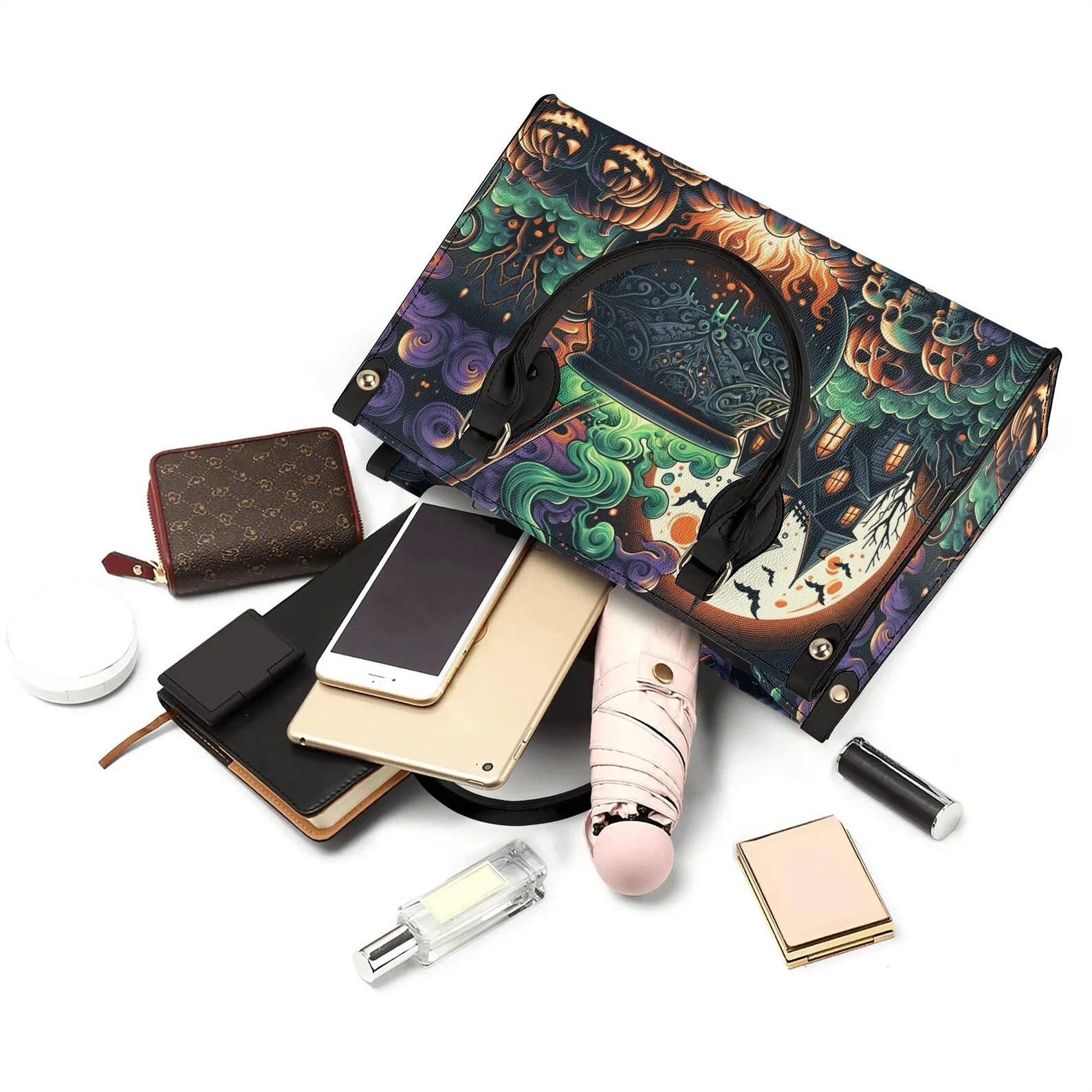 Halloween Whimsical Haunted House Witchy Forest Leather Handbag