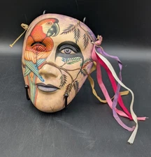 Ceramic Mask Tonala Mexico Parrot Macaw Hand Painted Signed Mardi Gras 