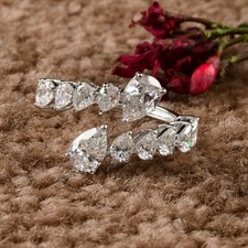 14k White Gold Women Natural Diamond Open Cuff Pear Cut Engagement Gift Ring