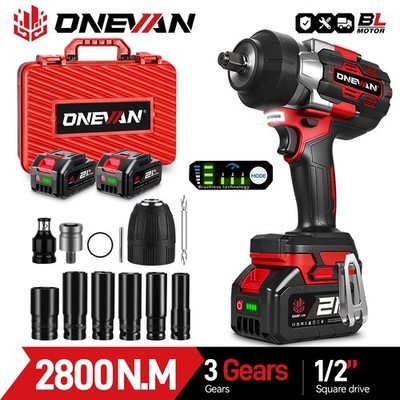 ONEVAN Electric Impact Wrench Cordless 2800Nm 1/2'' High Power Driver +2 Battery