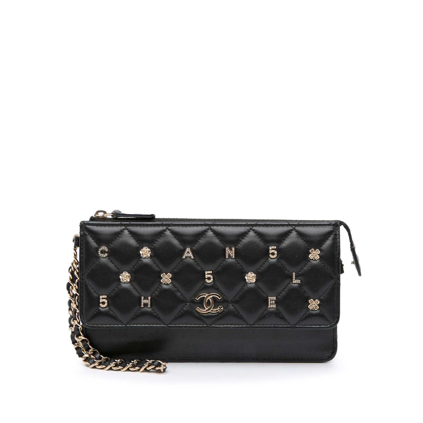 Authentic Chanel Quilted Lambskin All About Clutch On Chain in Black