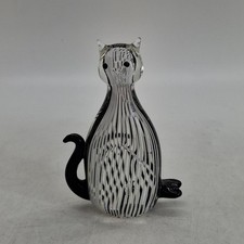 Murano Style Glass Cat Figurine Art Glass Striped Black White Ornament 16 cm