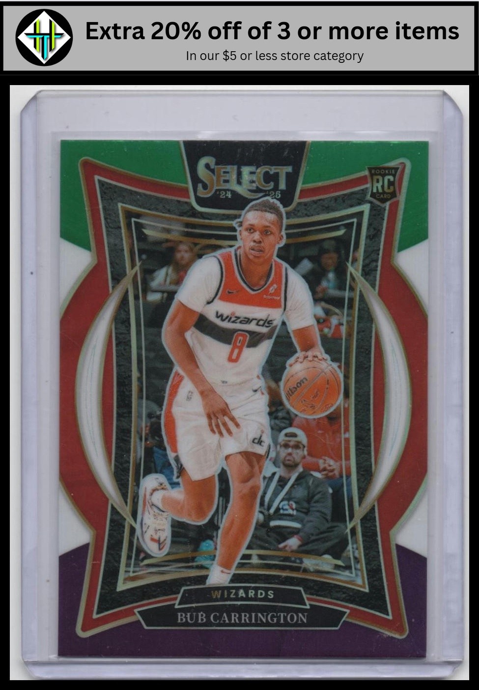 Bub Carrington Rookie 2024-25 Panini Select #81 Green White Purple Prizm Wizards