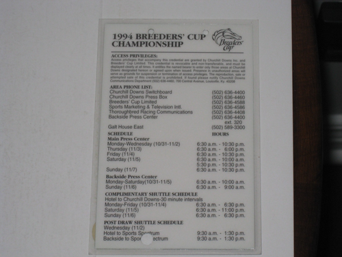 1994 Churchill Downs Breeders' Cup Photo Pass - Picture 2 of 2