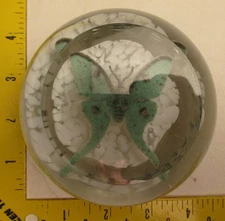 Signed & Dated 71 Wilkerson Studio Green & Black Butterfly Art Glass Paperweight