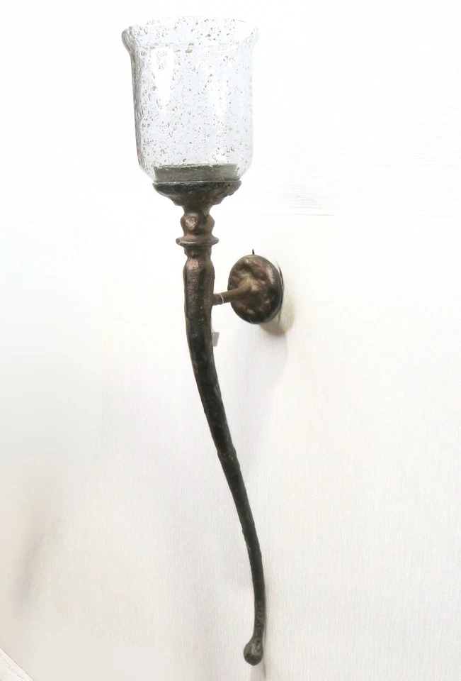 Metal Candle Holder Wall Sconce Rustic Speckled Glass Shade - P10 - Image 2 of 4