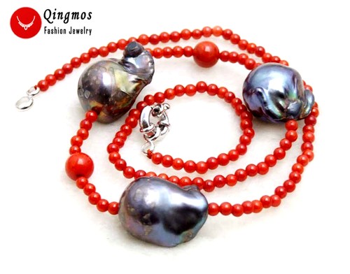 14*25mm Baroque Natural Nuclear Black Pearl Necklace for Women Red Coral 18" - Picture 3 of 4