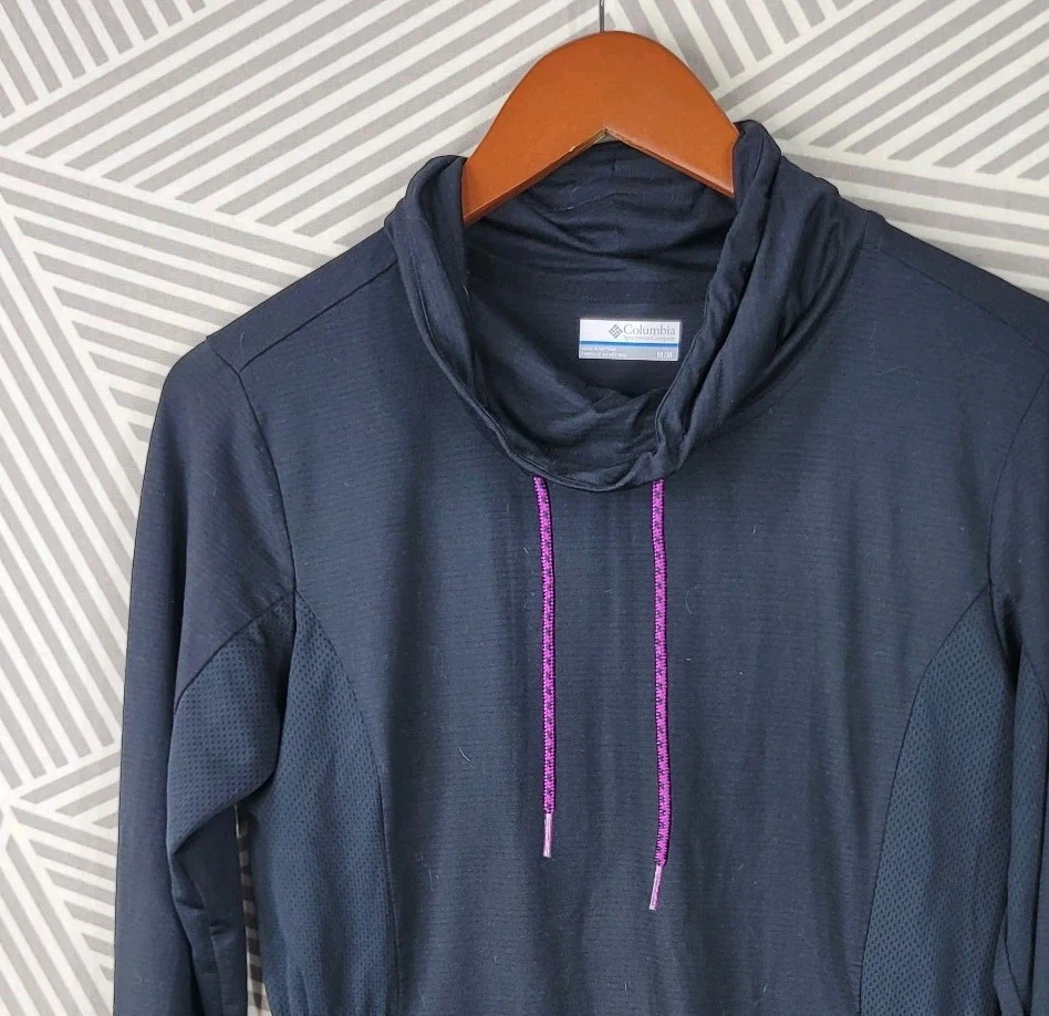 Columbia Top Mujer Mediano OMNI WICK Capucha Cuello Camisa Activa Manga Larga Negra Foto 2 de 4