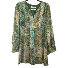 Anthropologie FLOREAT Amelie Sz 6 100% Silk Green Paisley Print Boho Mini Dress