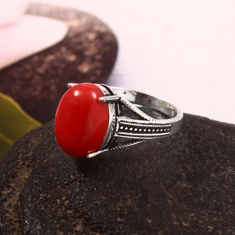 925 Sterling Silver Oval Red Coral Gemstone Handmade Jewelry Ring (US All Size) - Image 3 of 3