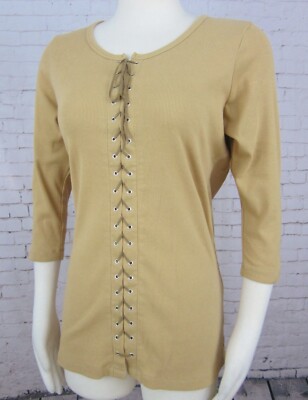 One Step Up - Camel Cotton Blend Lace Up Front Ribbed Knit Top Juniors Plus 1X