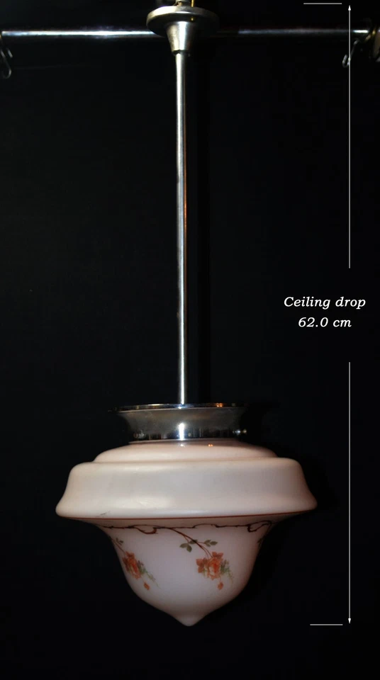 Lámpara colgante de techo de vidrio opalino pintada a mano art deco rara vintage años 40 C-1940 Foto 2 de 4