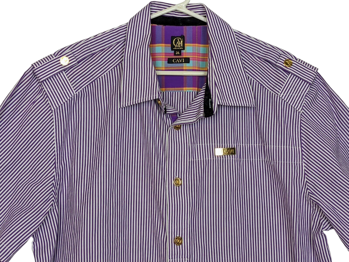 Cavi Military Mens' Button Down Shirt Purple & White Pin
