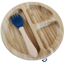 Baby Bamboo Suction Plate with Fork in Blue, Toddler plate