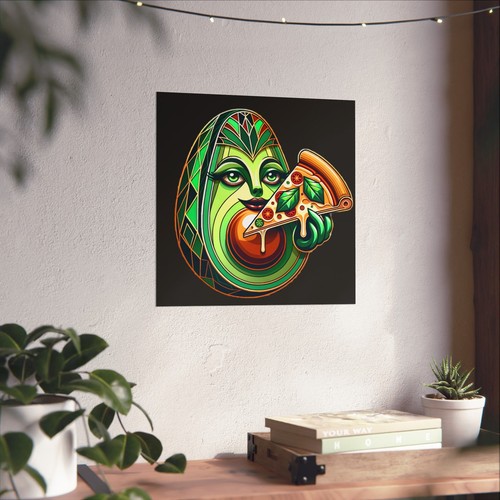 Matte Square Poster Wall Art Deco Avocado Eating Pizza Slice Funny Food Retro - Picture 28 of 50